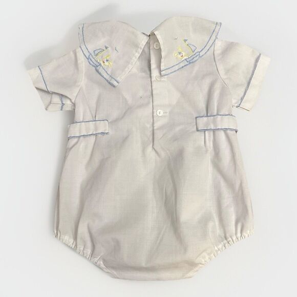 Vintage 1980s 6m Nanette Baby Boy One Piece Romper Rabbit Sailbot Embroidery - Picture 2 of 8